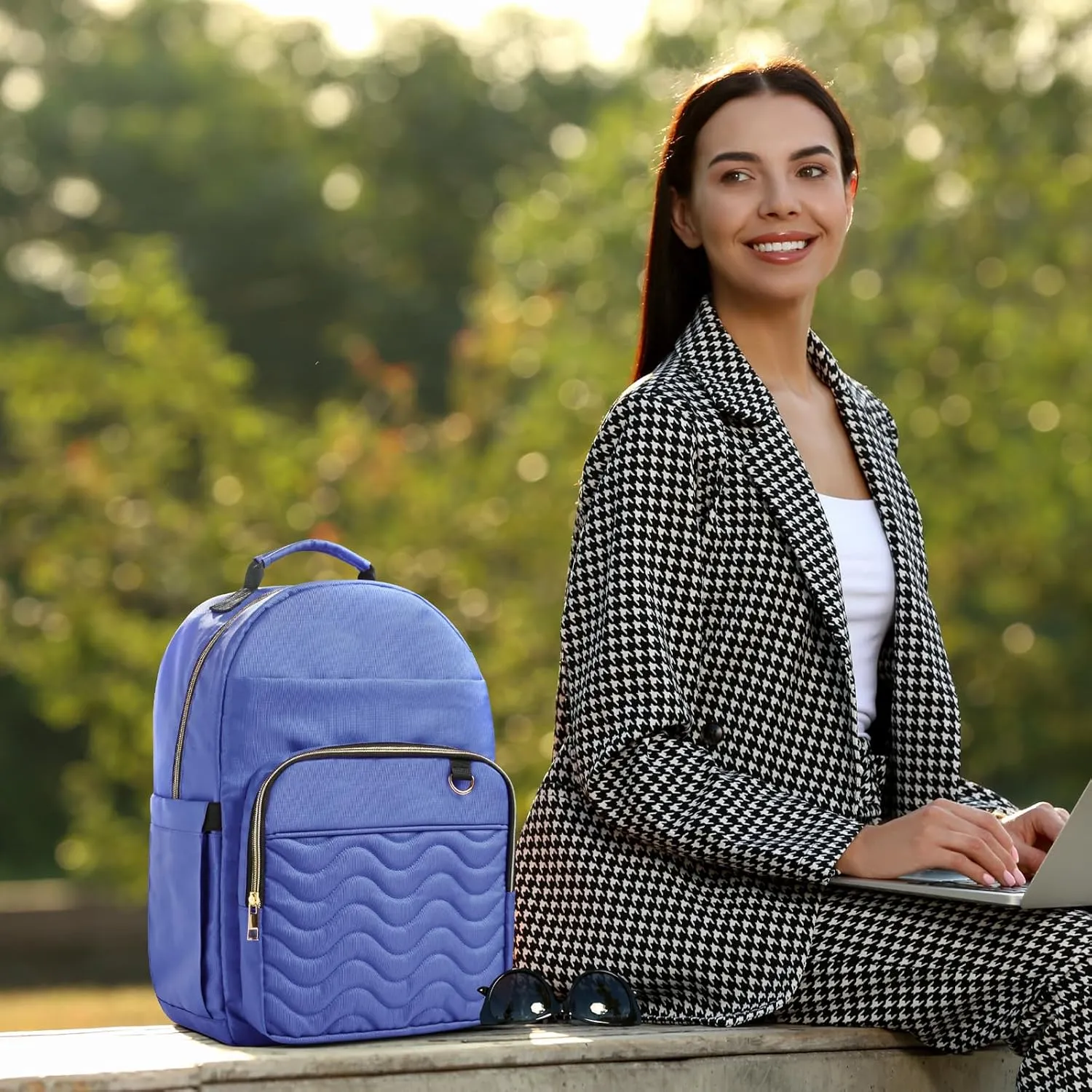 Travel Laptop Backpack for women, Work Backpack Woman with USB Charging Port, Water Resistant College Backpack, Stylish Quilted Girls Backpack Casual Daypack for 15.6 Inch Laptop, Blue