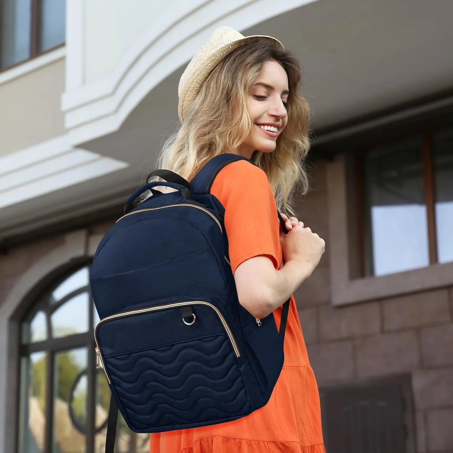 Travel Laptop Backpack for women, Work Backpack Woman with USB Charging Port, Water Resistant College Backpack, Stylish Quilted Girls Backpack Casual Daypack for 15.6 Inch Laptop, Navy