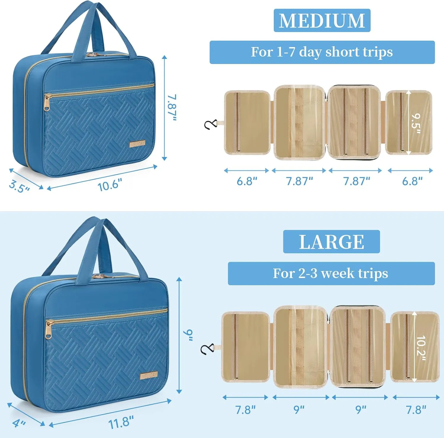 Travel Toiletry Bag - Spacious Toiletry Bag with Hanging Hook, Waterproof Makeup Bag for Women & Men, Travel Essentials (Large-Blue)