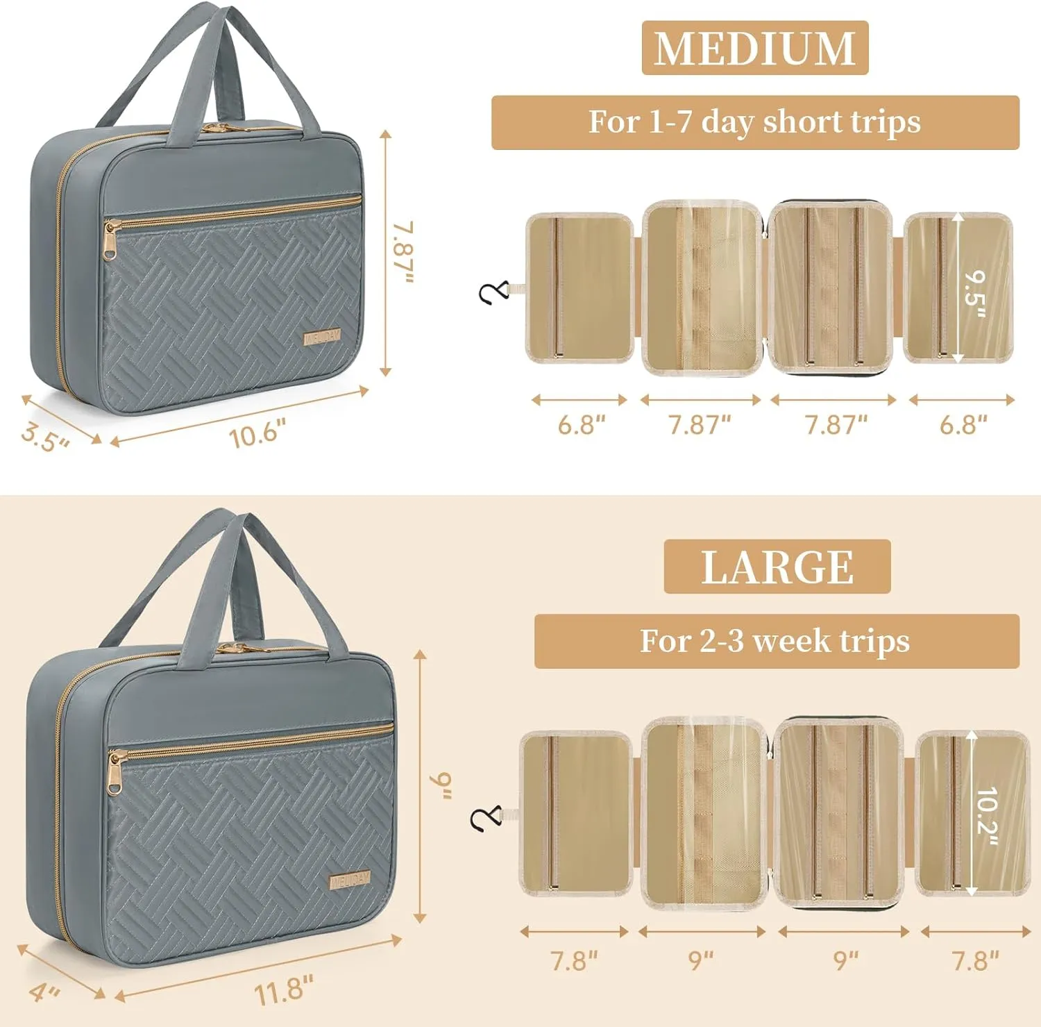 Travel Toiletry Bag - Spacious Toiletry Bag with Hanging Hook, Waterproof Makeup Bag for Women & Men, Travel Essentials (Large-Grey)