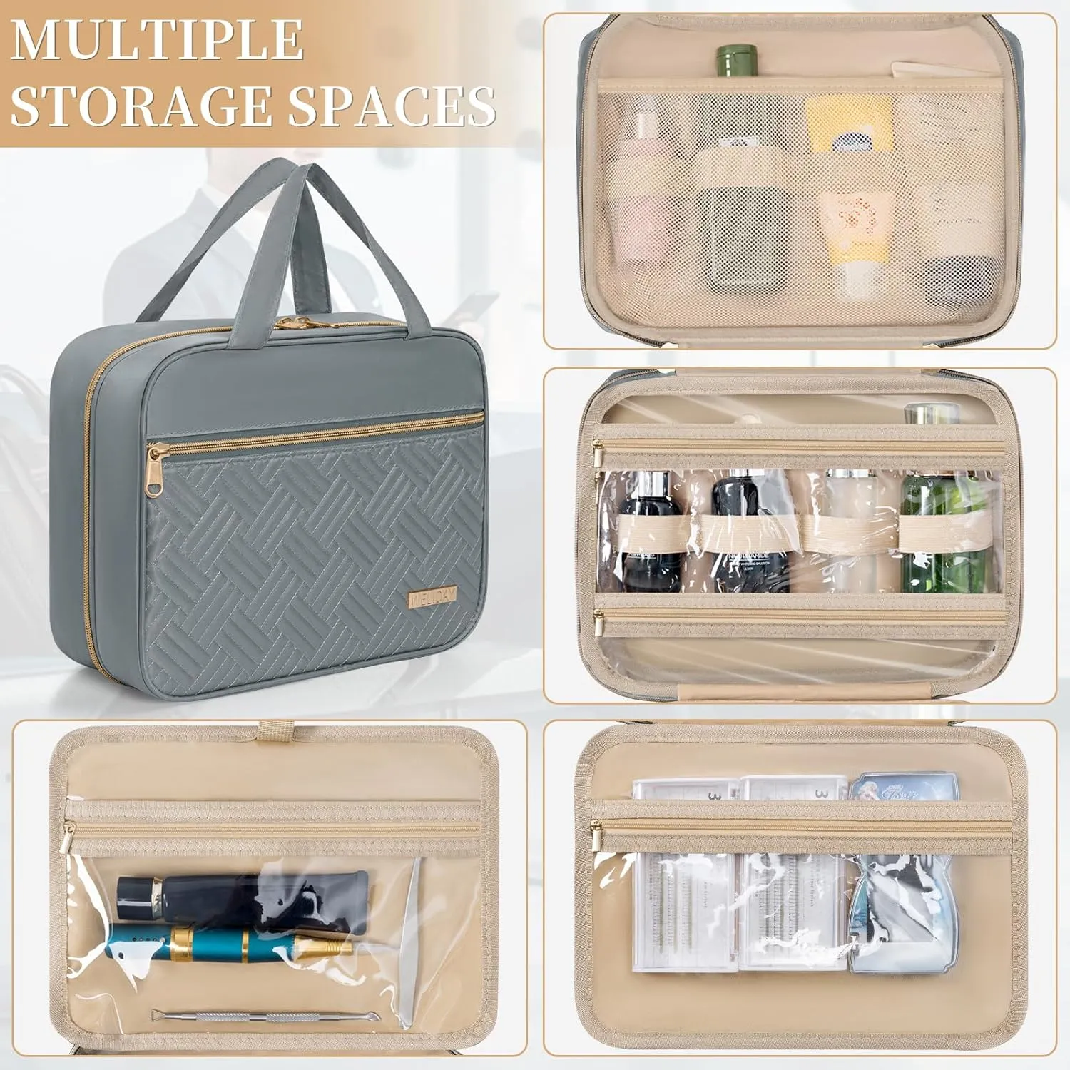 Travel Toiletry Bag - Spacious Toiletry Bag with Hanging Hook, Waterproof Makeup Bag for Women & Men, Travel Essentials (Large-Grey)