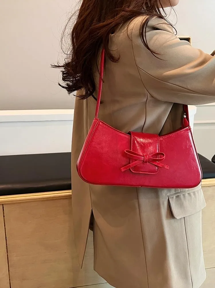 Trendy Shoulder Bag for Women Crescent Hobo Handbags Small Y2K Purses Patent Leather Clutch Bag Cute Bow Purse 2025