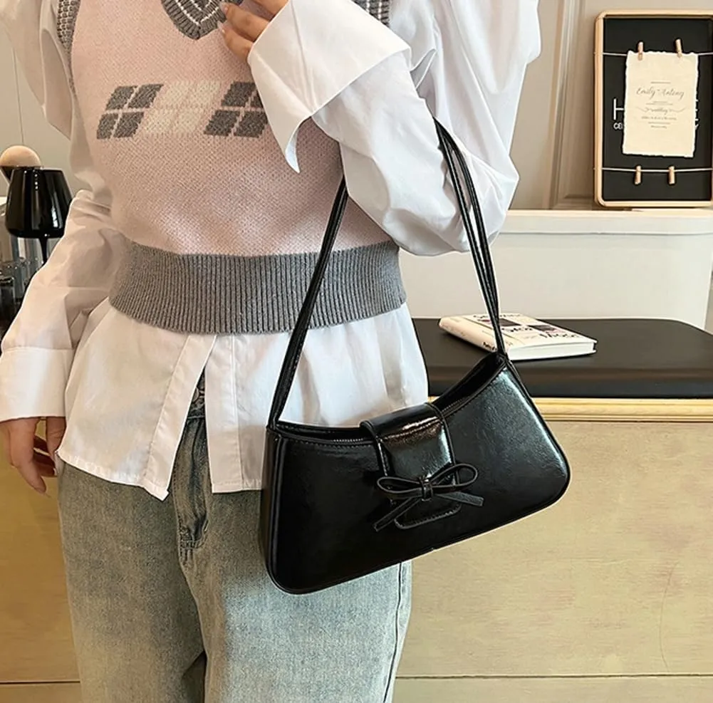 Trendy Shoulder Bag for Women Crescent Hobo Handbags Small Y2K Purses Patent Leather Clutch Bag Cute Bow Purse 2025