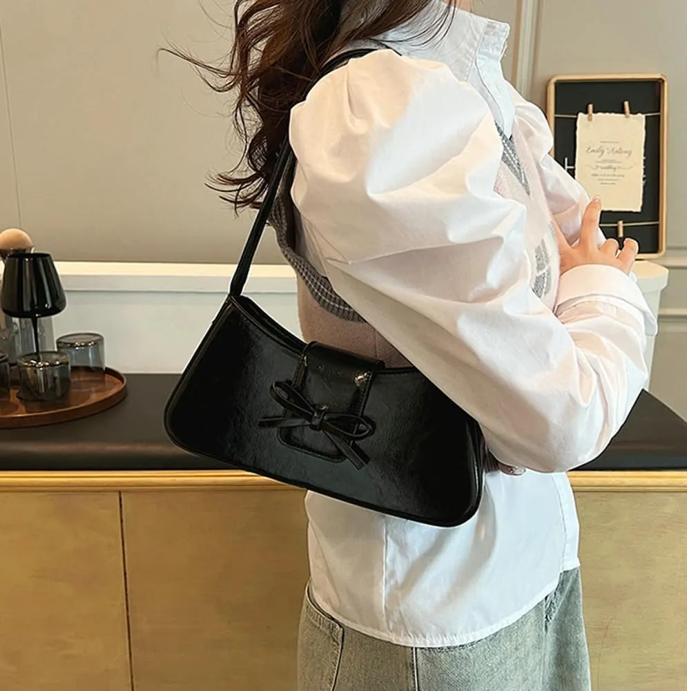 Trendy Shoulder Bag for Women Crescent Hobo Handbags Small Y2K Purses Patent Leather Clutch Bag Cute Bow Purse 2025