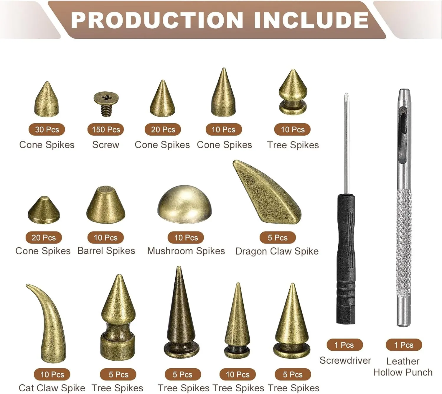 uxcell 150 Sets Cone Spikes Studs, 13 Sizes Studs and Spike Leather Rivets Kit with Install Tools for Leather Craft Clothing Shoes Belts Bags, Bronze