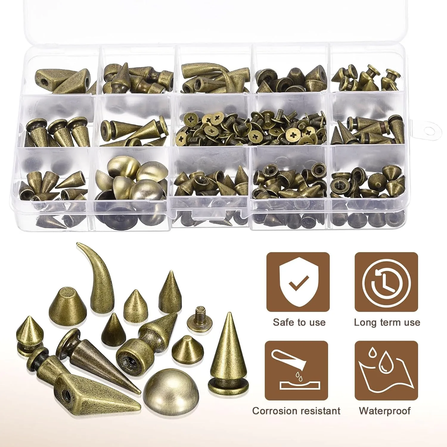 uxcell 150 Sets Cone Spikes Studs, 13 Sizes Studs and Spike Leather Rivets Kit with Install Tools for Leather Craft Clothing Shoes Belts Bags, Bronze