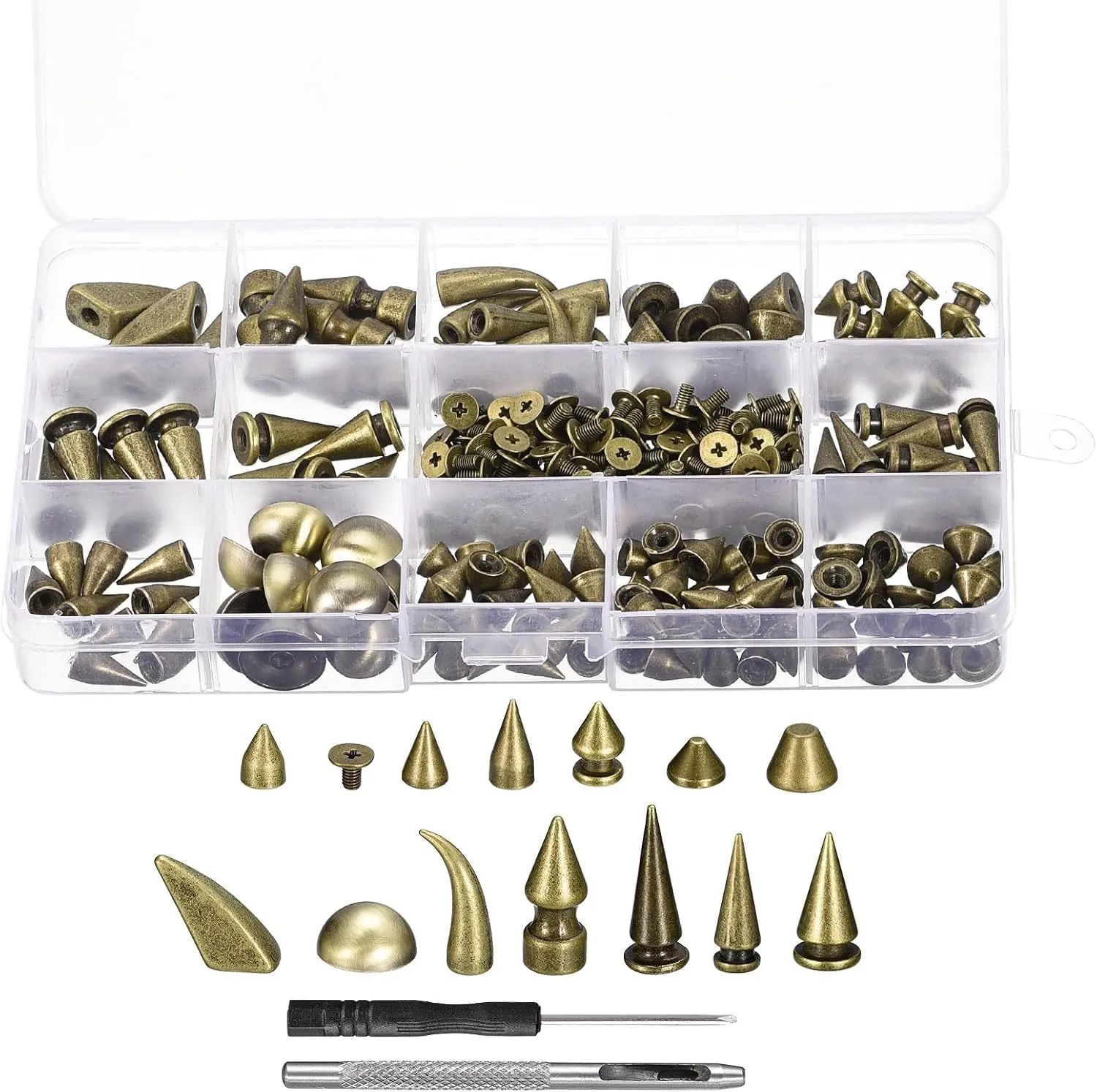 uxcell 150 Sets Cone Spikes Studs, 13 Sizes Studs and Spike Leather Rivets Kit with Install Tools for Leather Craft Clothing Shoes Belts Bags, Bronze