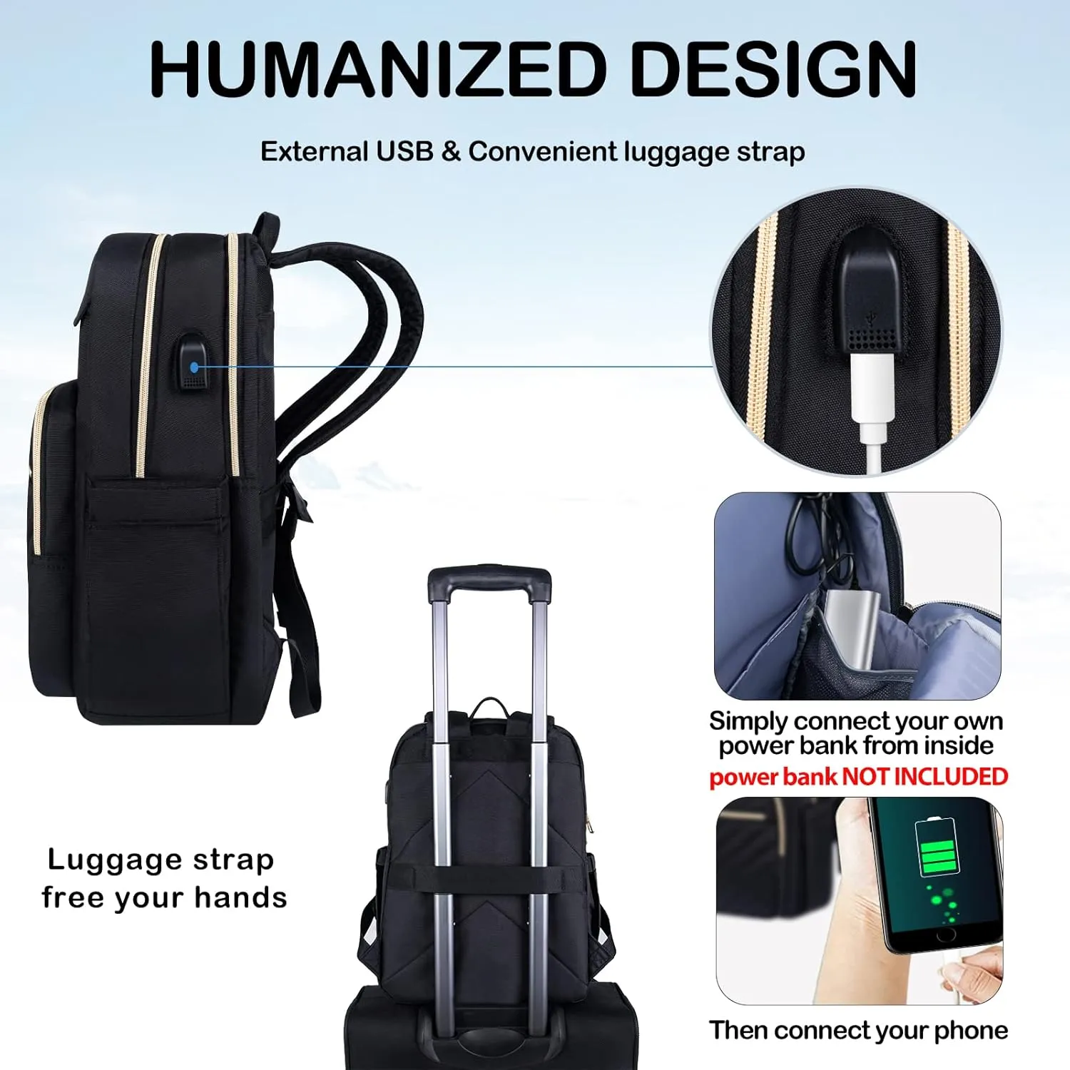 VANKEAN 15.6 Inch Laptop Backpack for Women Men Work Bag Fashion with USB Port, Waterproof Backpacks Nurse Stylish Travel Bags Casual Daypacks for College, Business, Black