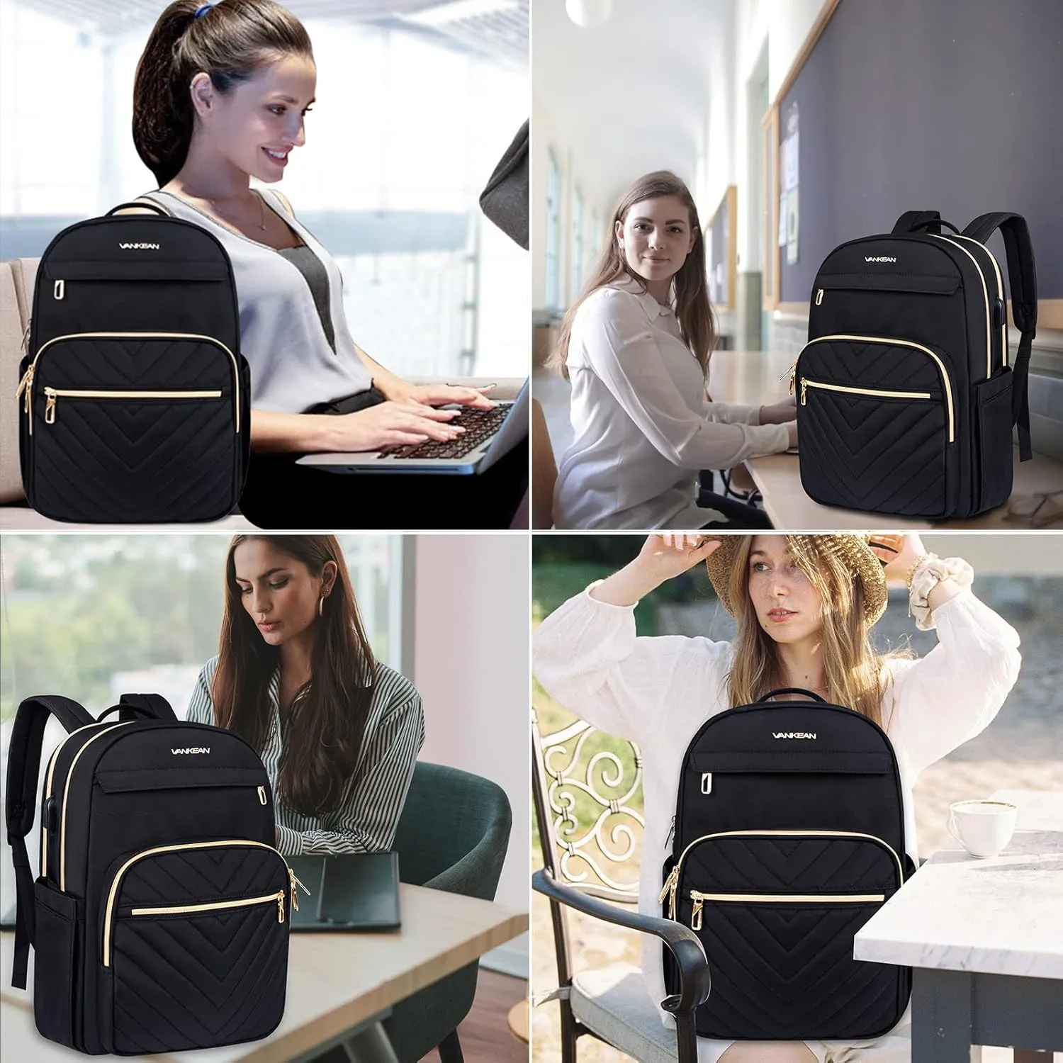 VANKEAN 15.6 Inch Laptop Backpack for Women Men Work Bag Fashion with USB Port, Waterproof Backpacks Nurse Stylish Travel Bags Casual Daypacks for College, Business, Black