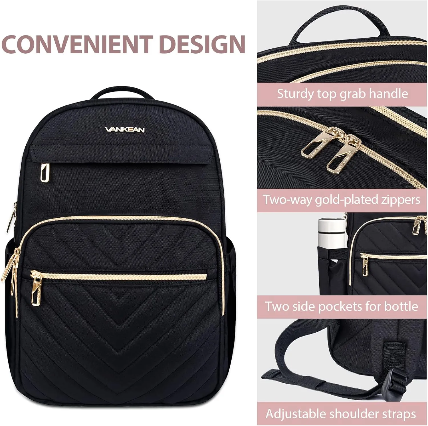 VANKEAN 15.6 Inch Laptop Backpack for Women Men Work Bag Fashion with USB Port, Waterproof Backpacks Nurse Stylish Travel Bags Casual Daypacks for College, Business, Black