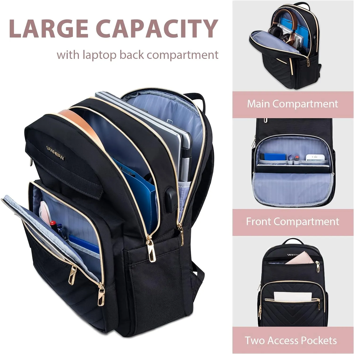VANKEAN 15.6 Inch Laptop Backpack for Women Men Work Bag Fashion with USB Port, Waterproof Backpacks Nurse Stylish Travel Bags Casual Daypacks for College, Business, Black