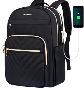 VANKEAN 15.6 Inch Laptop Backpack for Women Men Work Bag Fashion with USB Port, Waterproof Backpacks Nurse Stylish Travel Bags Casual Daypacks for College, Business, Black