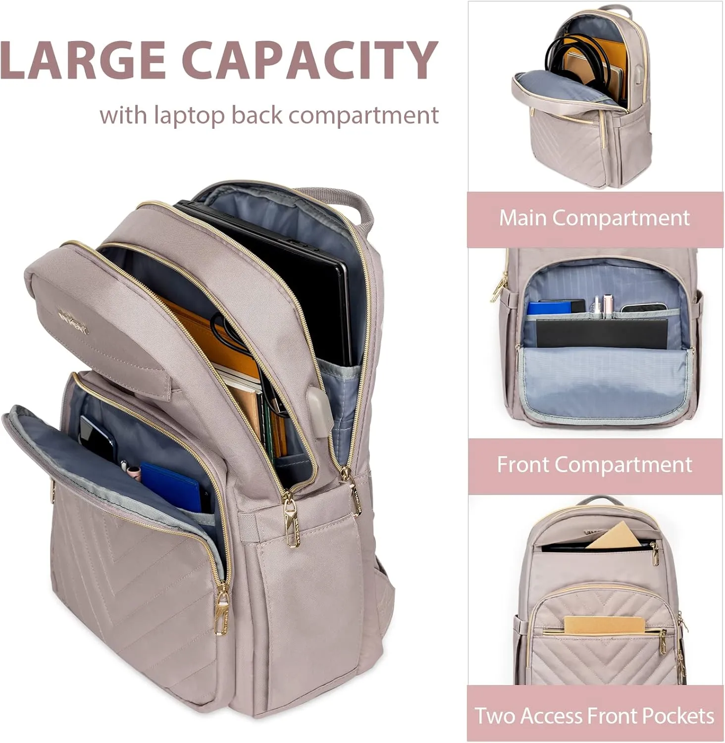 VANKEAN 15.6 Inch Laptop Backpack for Women Work Bag Fashion with USB Port, Waterproof Stylish Travel Bags Casual Daypacks for College, Business, Light Dusty Pink