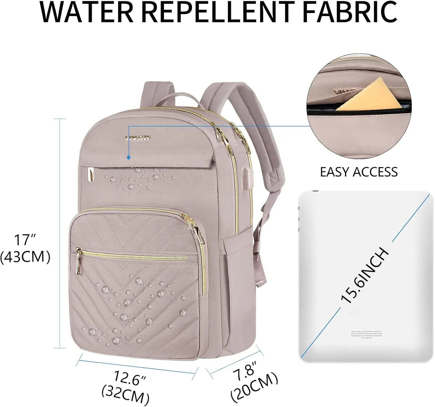 VANKEAN 15.6 Inch Laptop Backpack for Women Work Bag Fashion with USB Port, Waterproof Stylish Travel Bags Casual Daypacks for College, Business, Light Dusty Pink