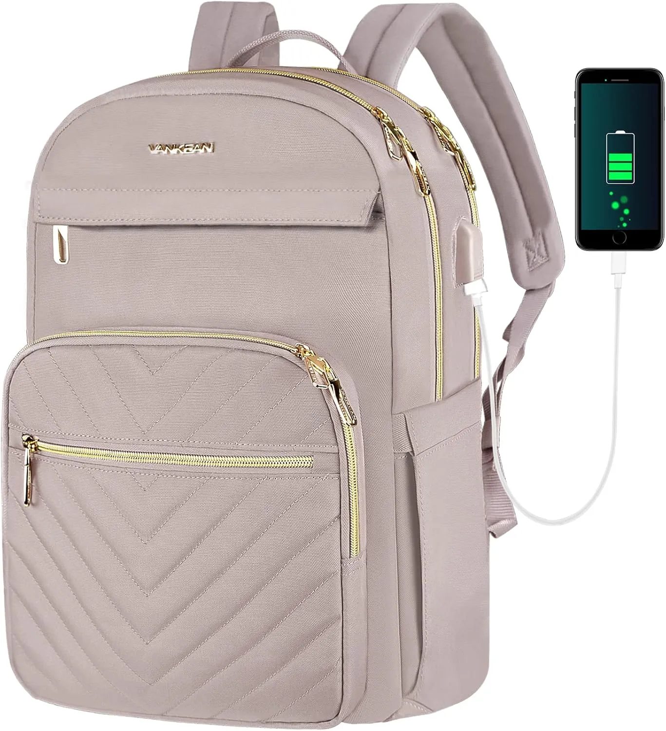 VANKEAN 15.6 Inch Laptop Backpack for Women Work Bag Fashion with USB Port, Waterproof Stylish Travel Bags Casual Daypacks for College, Business, Light Dusty Pink