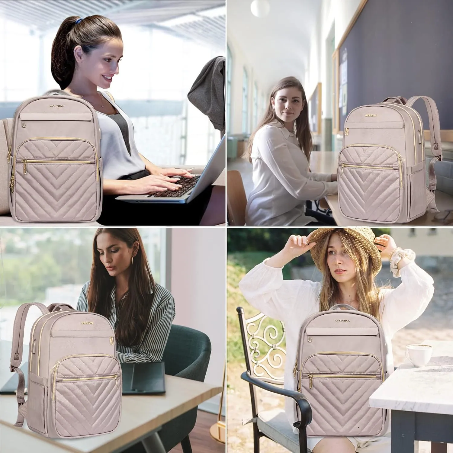 VANKEAN 15.6 Inch Laptop Backpack for Women Work Bag Fashion with USB Port, Waterproof Stylish Travel Bags Casual Daypacks for College, Business, Light Dusty Pink