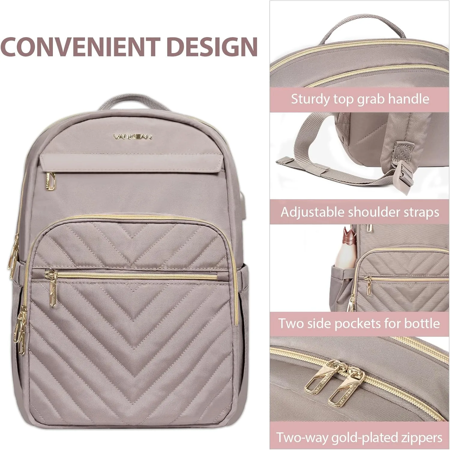 VANKEAN 15.6 Inch Laptop Backpack for Women Work Bag Fashion with USB Port, Waterproof Stylish Travel Bags Casual Daypacks for College, Business, Light Dusty Pink