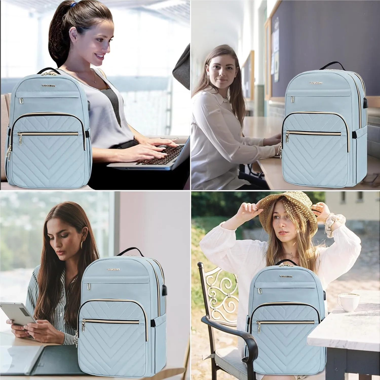 VANKEAN 15.6 Inch Laptop Backpack for Women Work Laptop Bag Fashion with USB Port, Waterproof Backpacks Stylish Travel Bags Casual Daypacks for College, Business, Light Blue