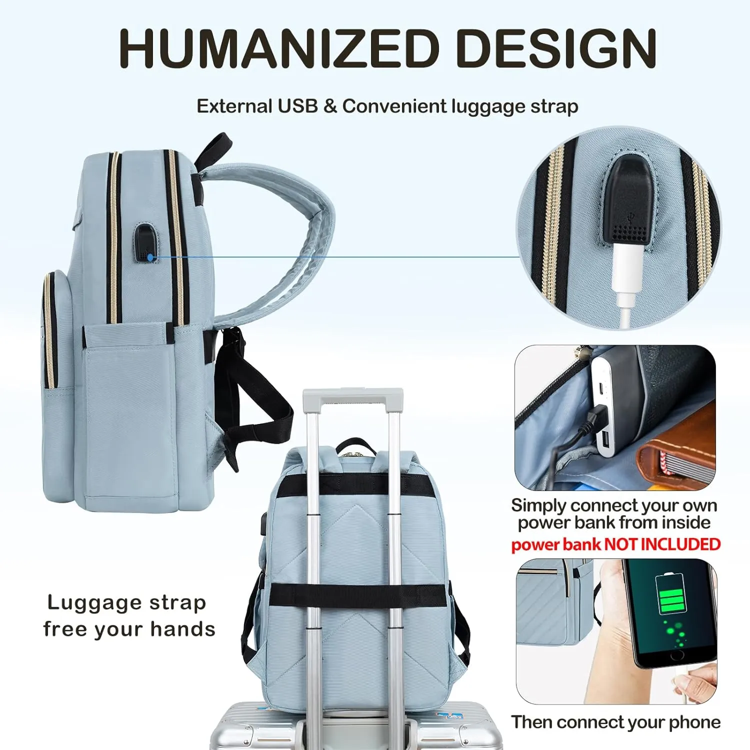 VANKEAN 15.6 Inch Laptop Backpack for Women Work Laptop Bag Fashion with USB Port, Waterproof Backpacks Stylish Travel Bags Casual Daypacks for College, Business, Light Blue