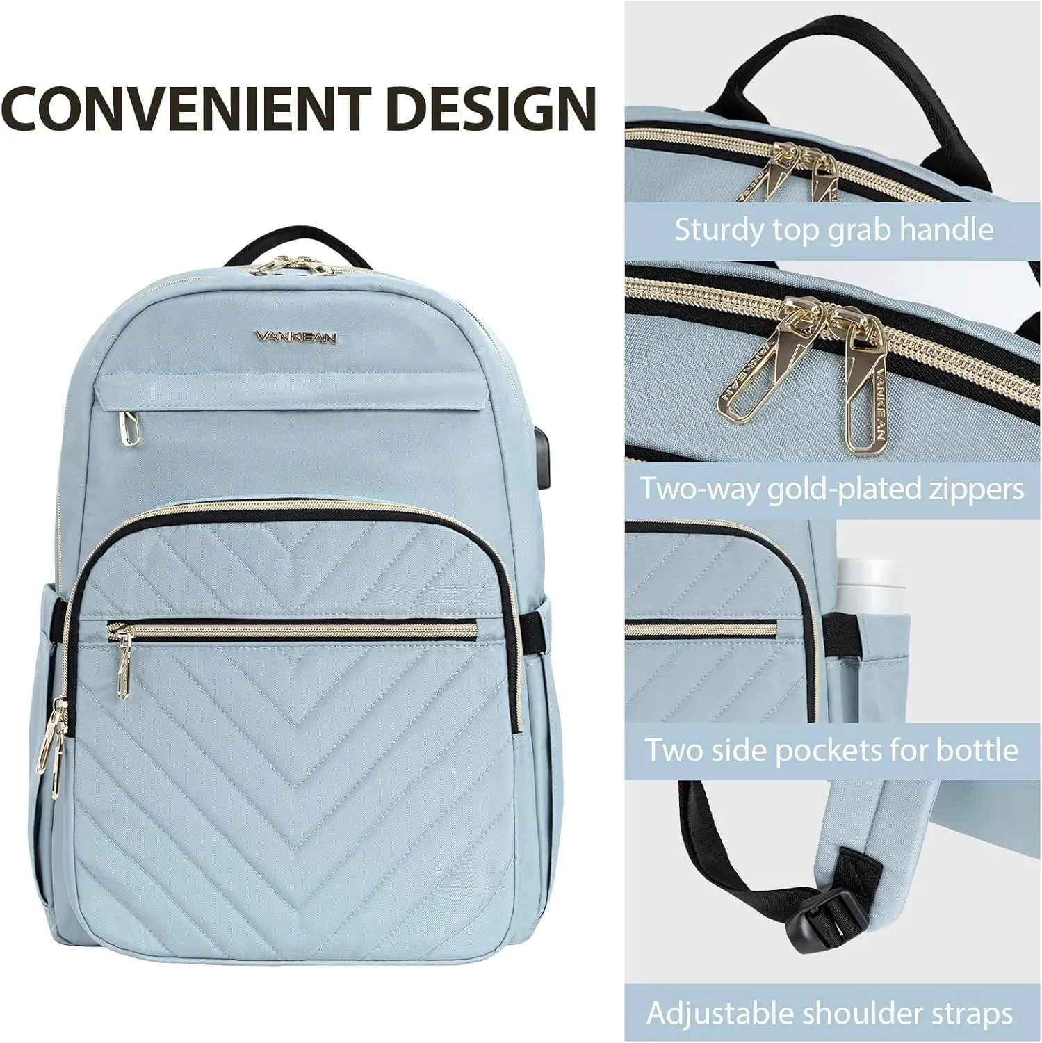 VANKEAN 15.6 Inch Laptop Backpack for Women Work Laptop Bag Fashion with USB Port, Waterproof Backpacks Stylish Travel Bags Casual Daypacks for College, Business, Light Blue