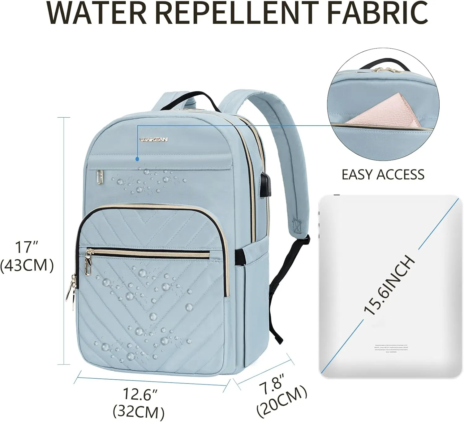 VANKEAN 15.6 Inch Laptop Backpack for Women Work Laptop Bag Fashion with USB Port, Waterproof Backpacks Stylish Travel Bags Casual Daypacks for College, Business, Light Blue