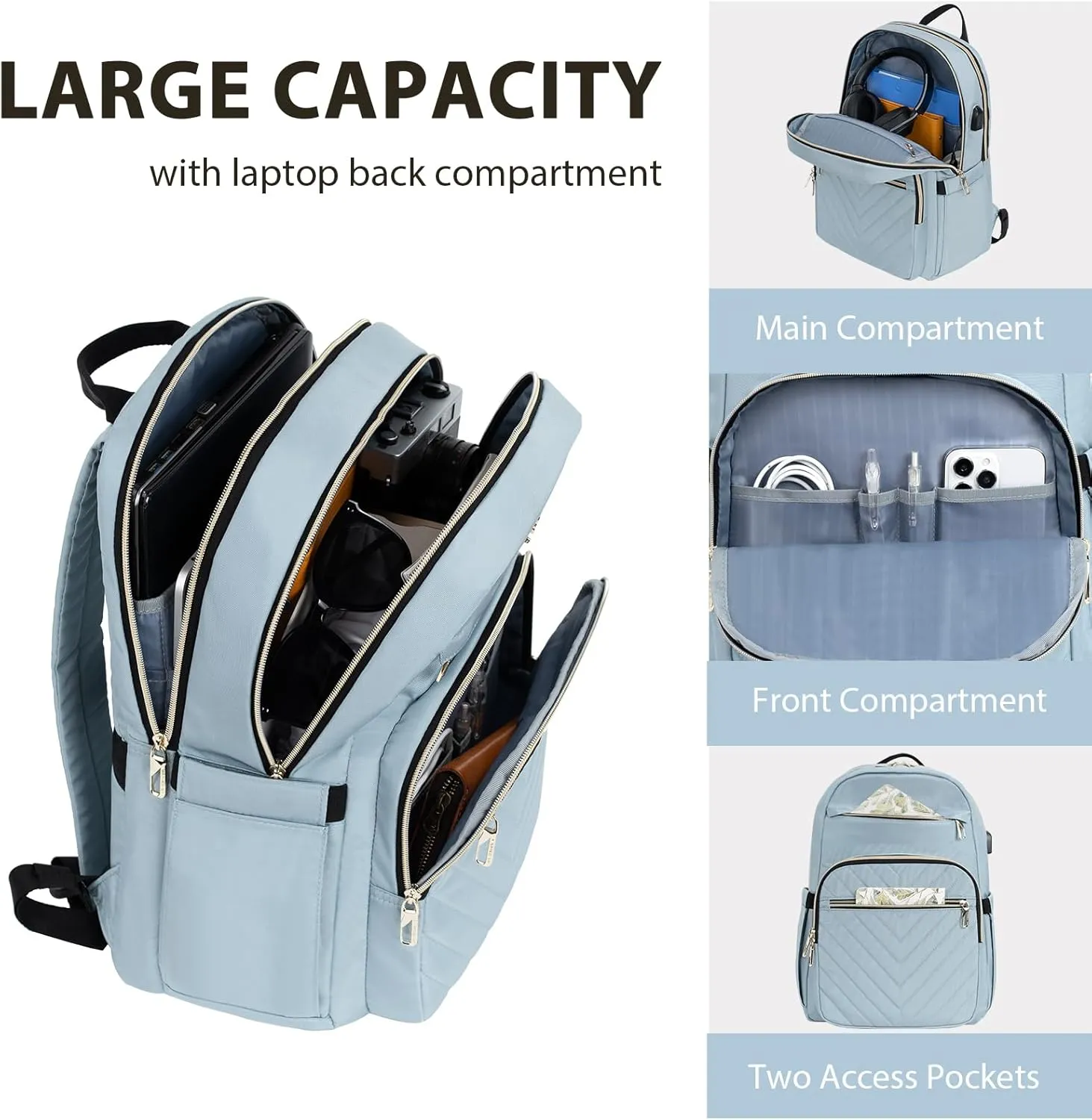 VANKEAN 15.6 Inch Laptop Backpack for Women Work Laptop Bag Fashion with USB Port, Waterproof Backpacks Stylish Travel Bags Casual Daypacks for College, Business, Light Blue