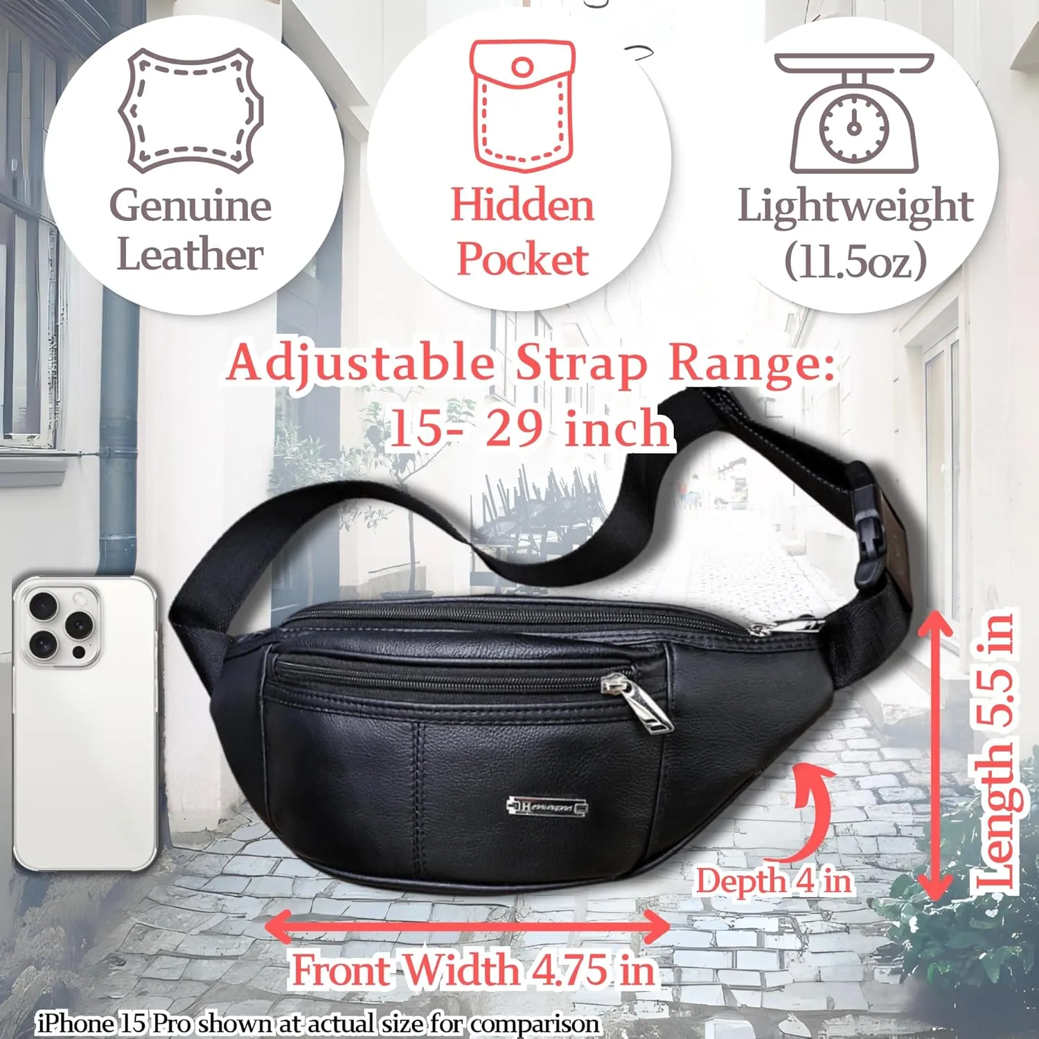 Vintage Genuine Leather Fanny Pack with Key Ring  Spacious Crossbody Sling Bag for Men and Women, Ideal for everyday carry and Travel (Black)
