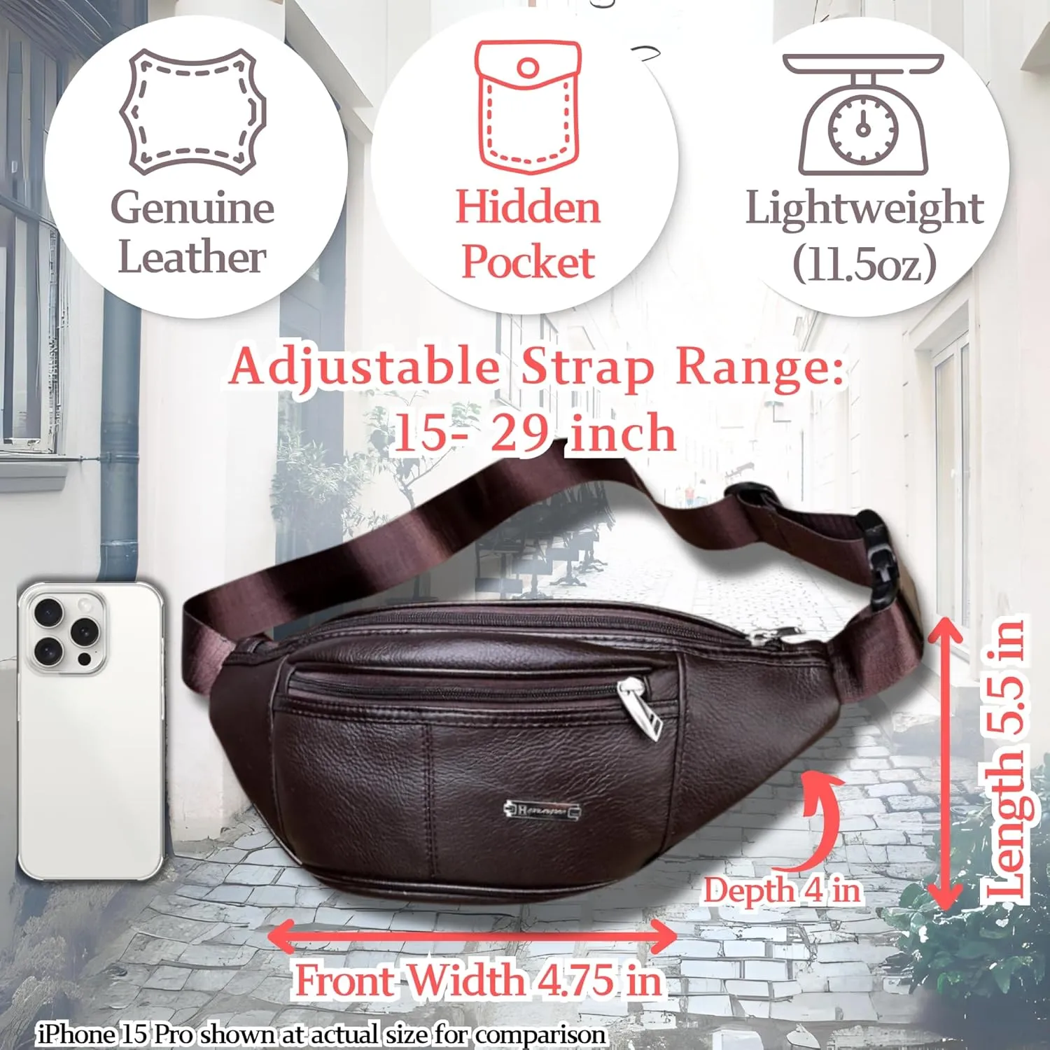 Vintage Genuine Leather Fanny Pack with Key Ring  Spacious Crossbody Sling Bag for Men and Women, Ideal for everyday carry and Travel (Mahogany Brown)