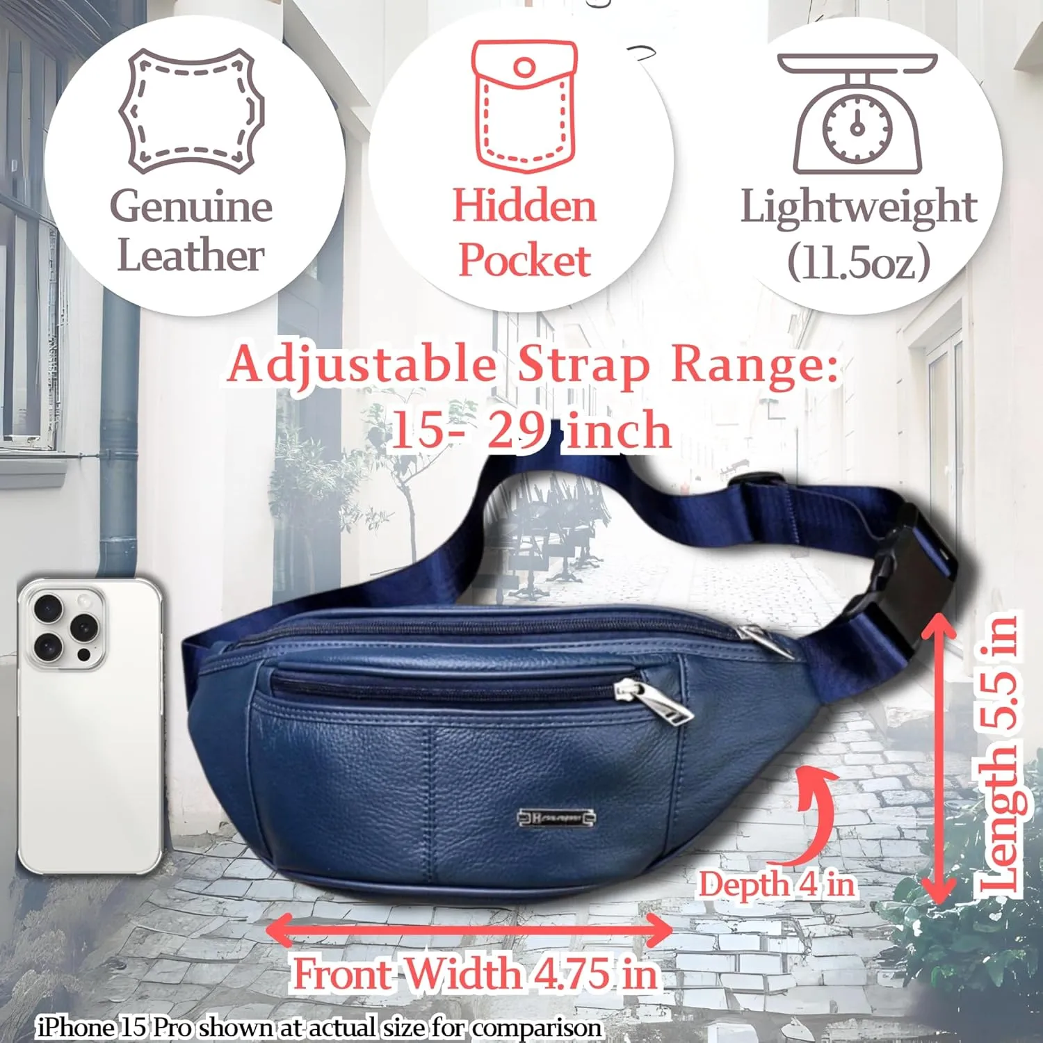 Vintage Genuine Leather Fanny Pack with Key Ring  Spacious Crossbody Sling Bag for Men and Women, Ideal for everyday carry and Travel (Navy)