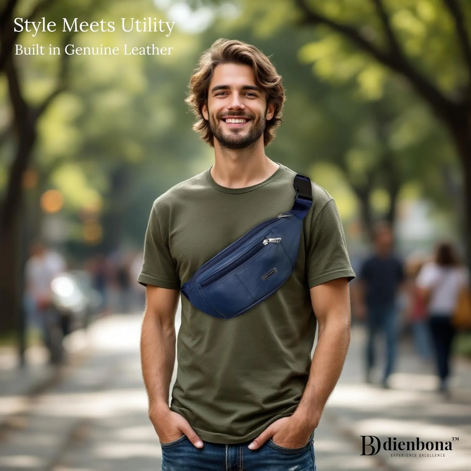 Vintage Genuine Leather Fanny Pack with Key Ring  Spacious Crossbody Sling Bag for Men and Women, Ideal for everyday carry and Travel (Navy)