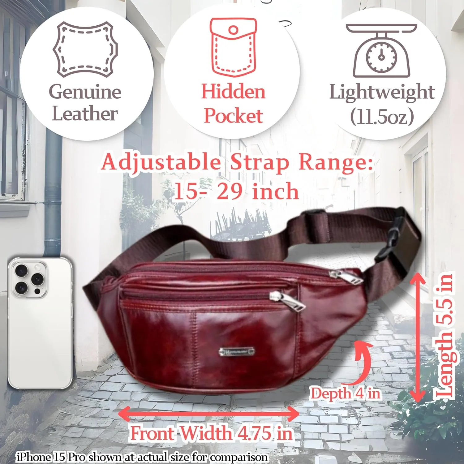 Vintage Genuine Leather Fanny Pack with Key Ring  Spacious Crossbody Sling Bag for Men and Women, Ideal for everyday carry and Travel (Oxblood)