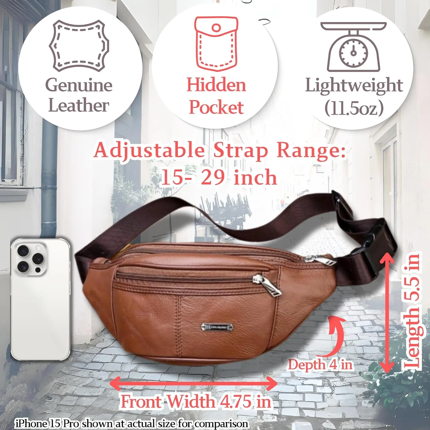 Vintage Genuine Leather Fanny Pack with Key Ring  Spacious Crossbody Sling Bag for Men and Women, Ideal for everyday carry and Travel (Tan)