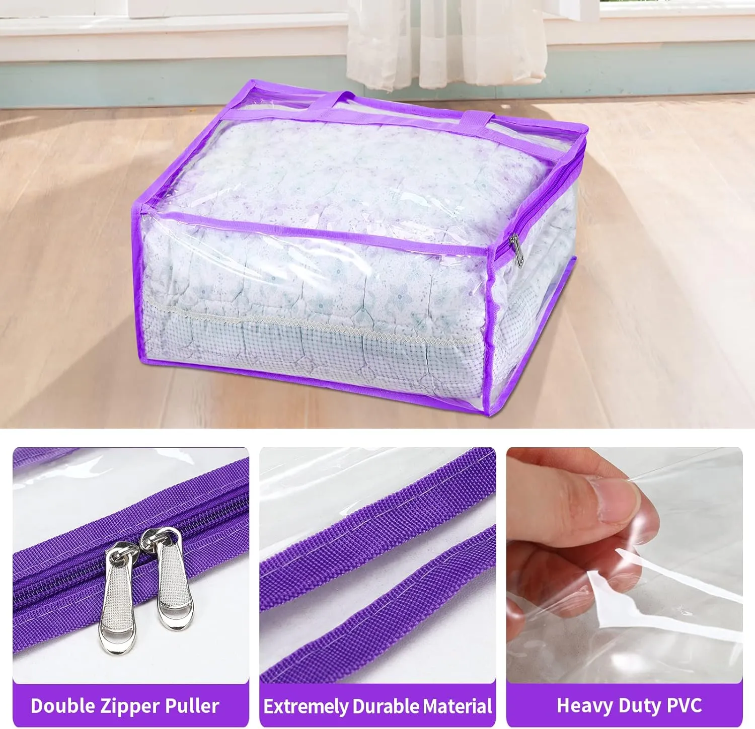 Vinyl Storage Bags for Sheet, Thin Blanket, Sofa Pillow, Clothes (Purple)
