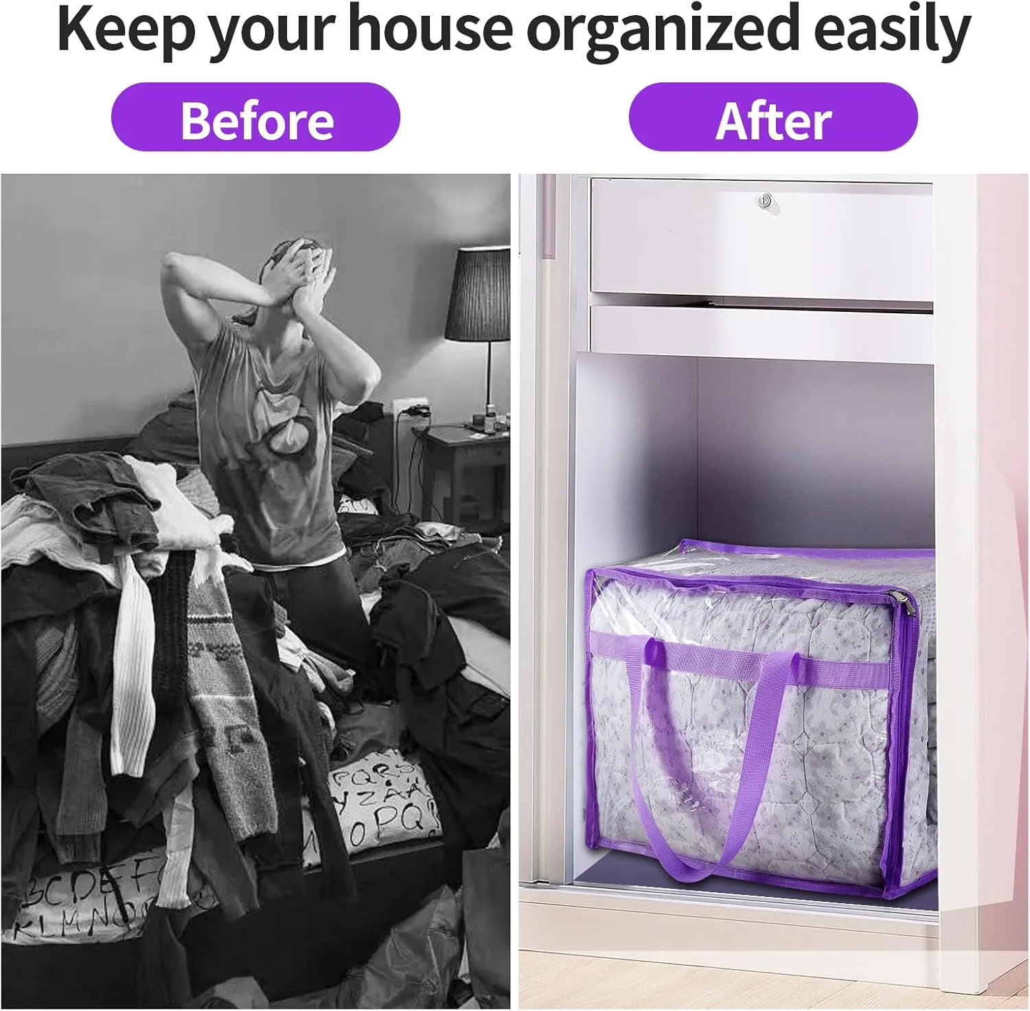 Vinyl Storage Bags for Sheet, Thin Blanket, Sofa Pillow, Clothes (Purple)
