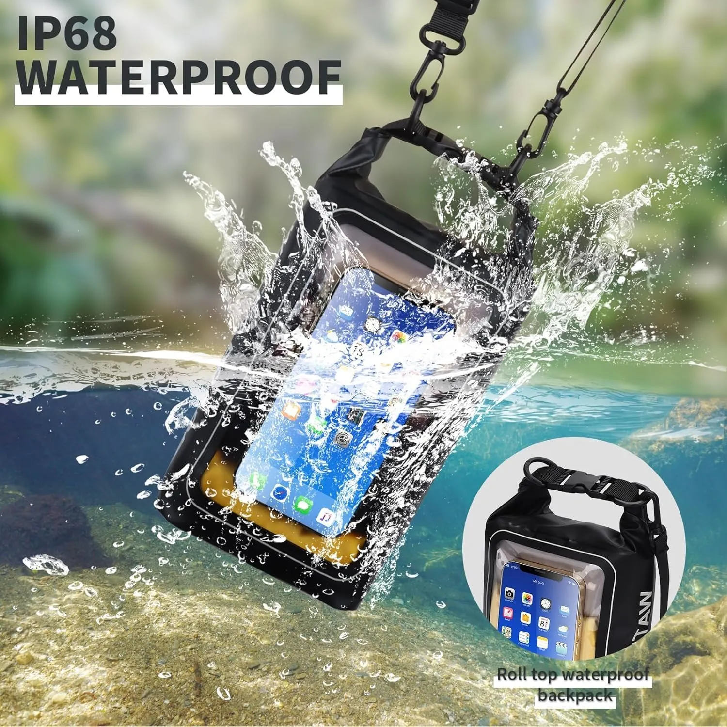 Waterproof Dry Bag 2L, Bag with Shoulder Straps, Roll Top Waterproof Bag for Beach, Swimming, Boating, Kayaking, Paddleboarding & Marine Adventures, Black Color