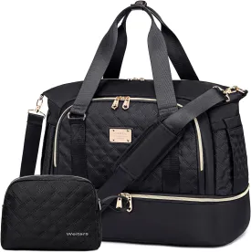 Weitars Women's Gym Duffel Bag - Travel Weekender with Shoes Compartment & Wet Pocket, Large Carry-On Overnight Bag (Black)
