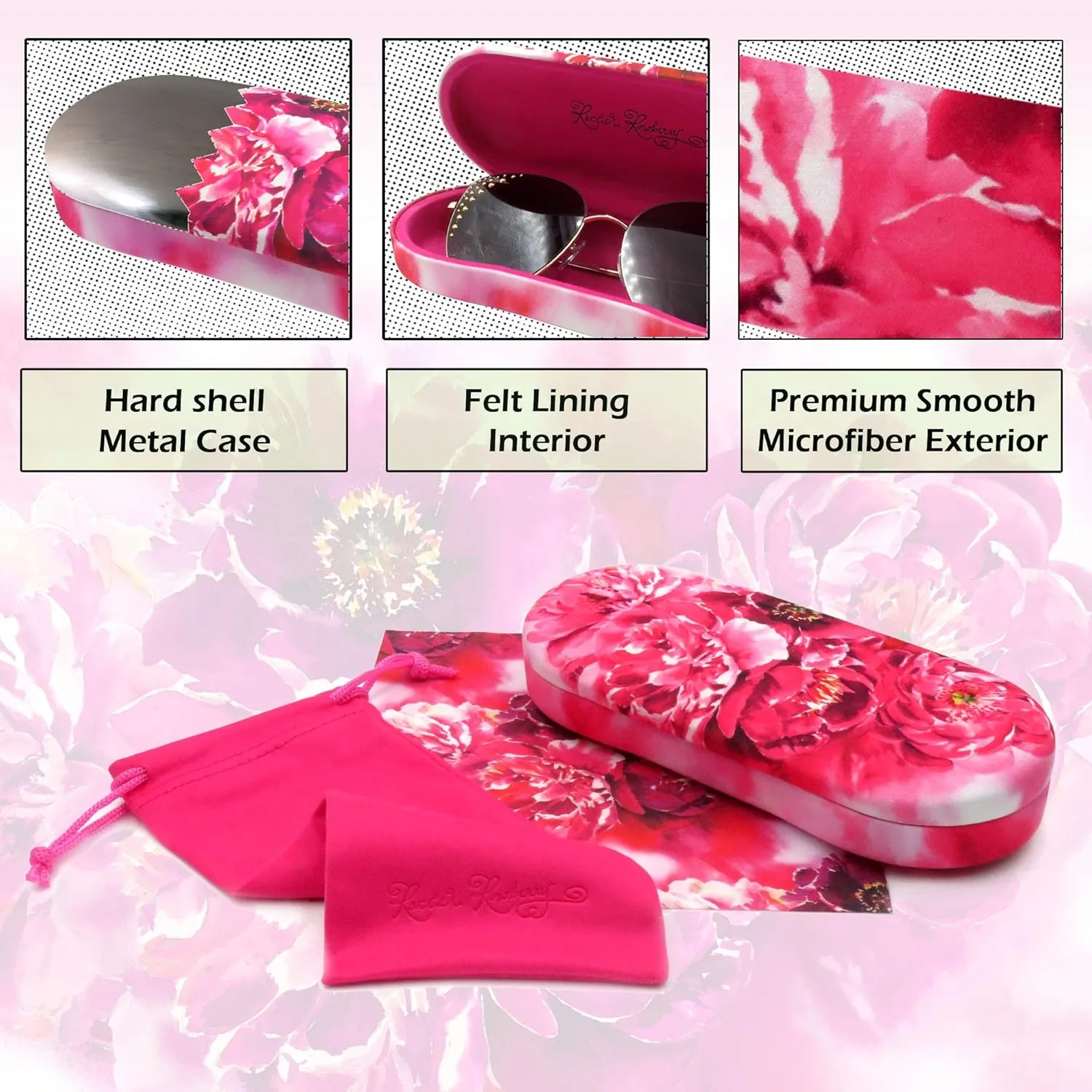 Women Glasses Case, Hard Shell Eyeglass Holder, Protective with lip for easy openning with drawstring pouch and cloth