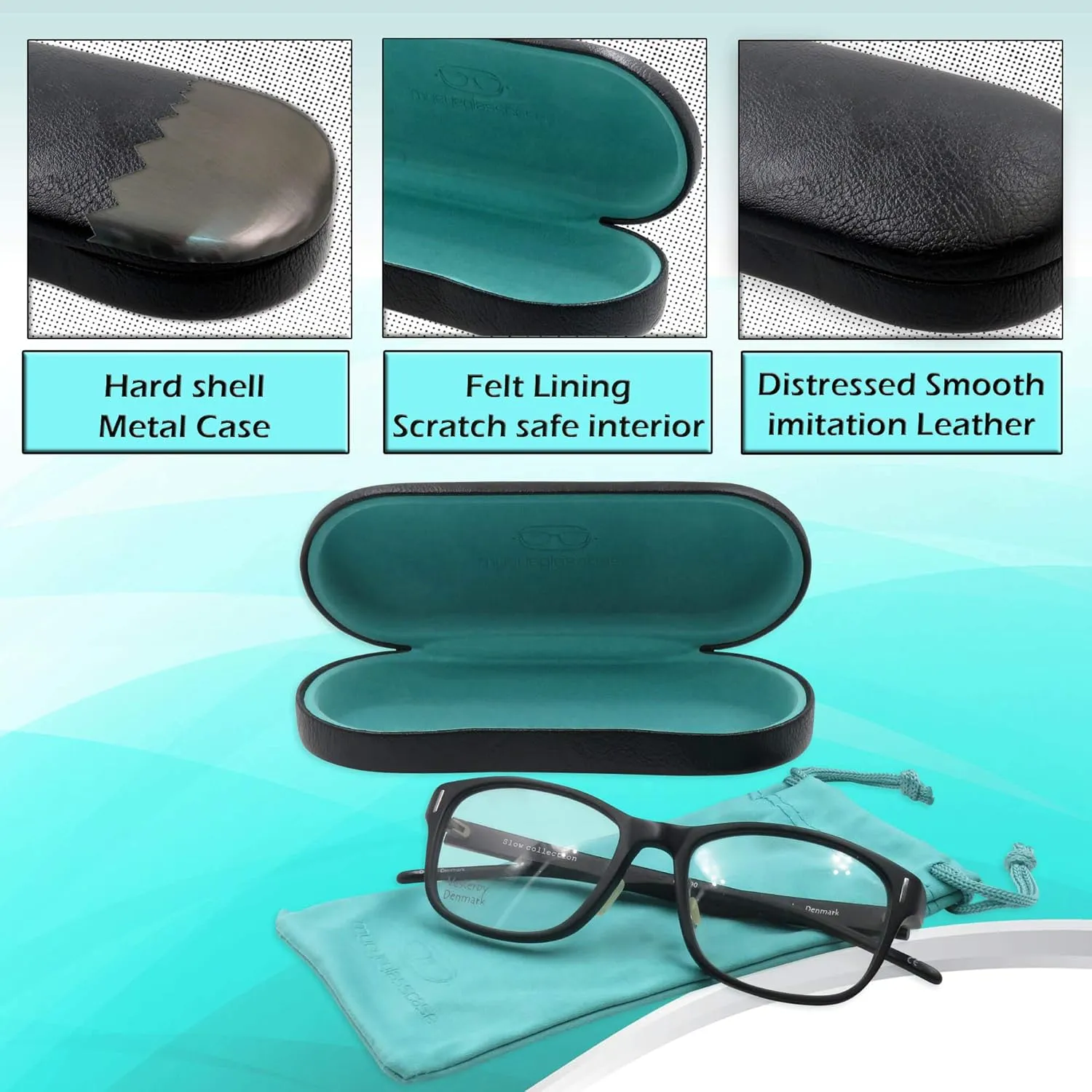 Women Glasses Case, Hard Shell Eyeglass Holder, Protective with lip for easy openning with drawstring pouch and cloth