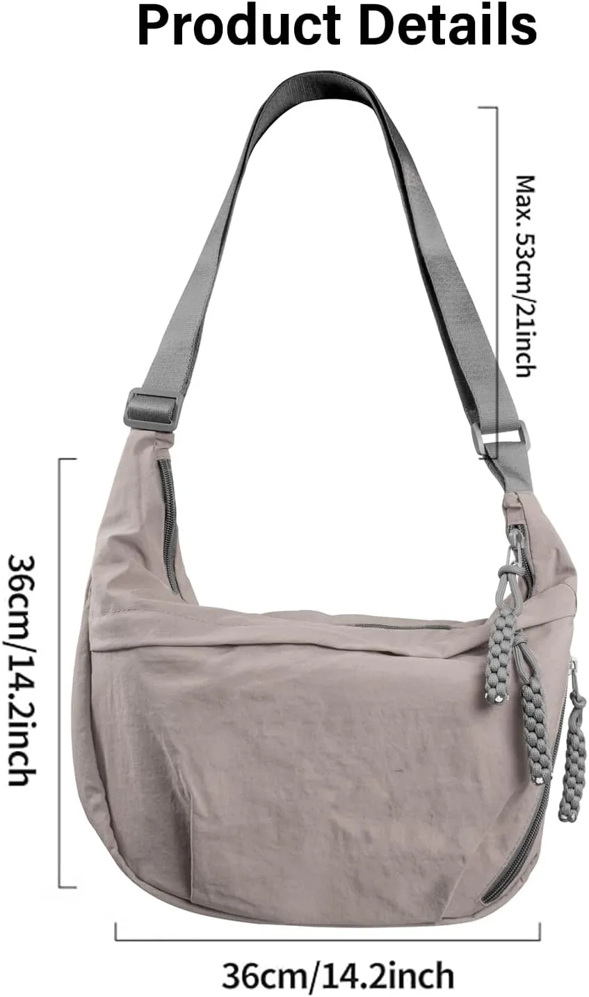 Women's Nylon Hobo Crescent Crossbody Bag, Multi-Pocket Sling Bag, Half Moon Shoulder Purse