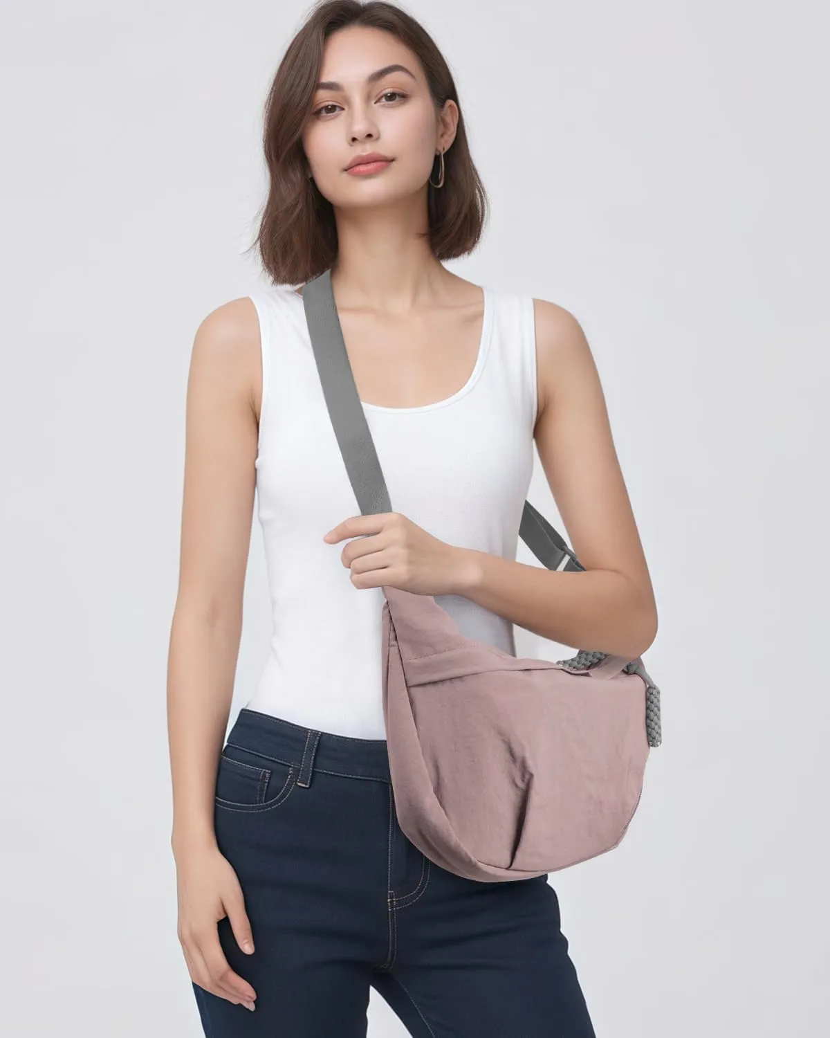 Women's Nylon Hobo Crescent Crossbody Bag, Multi-Pocket Sling Bag, Half Moon Shoulder Purse