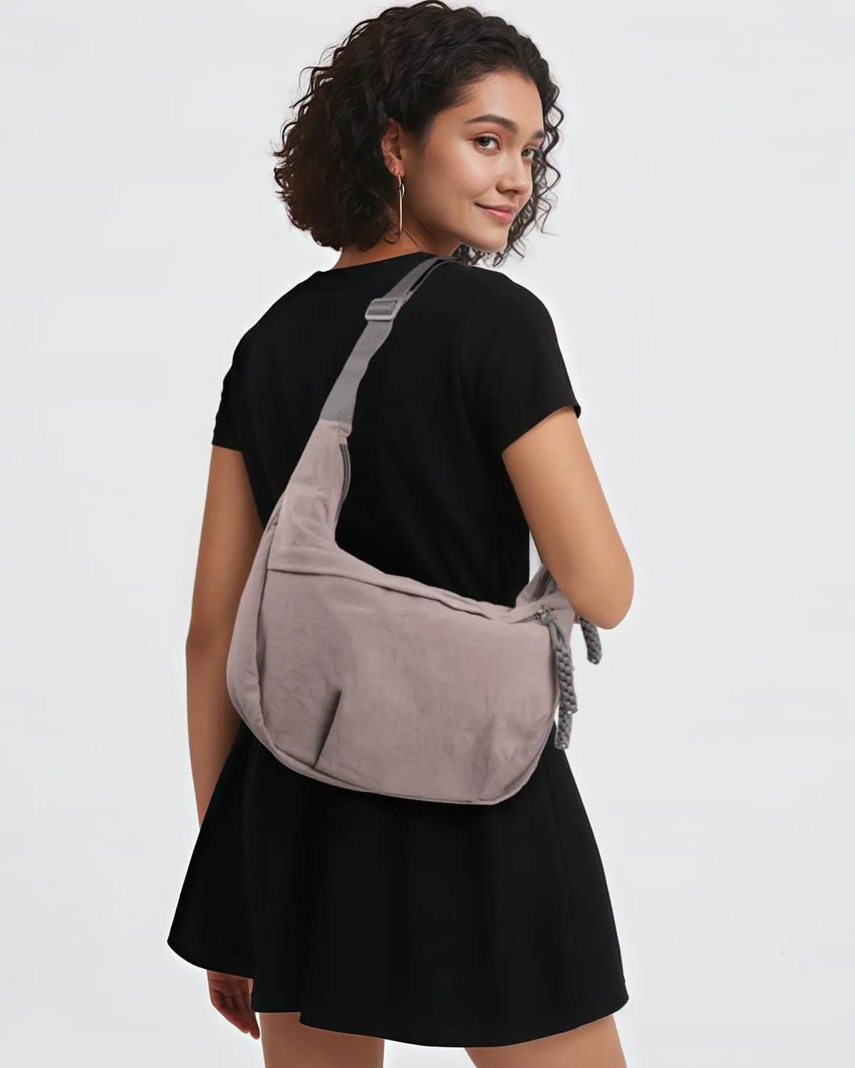 Women's Nylon Hobo Crescent Crossbody Bag, Multi-Pocket Sling Bag, Half Moon Shoulder Purse