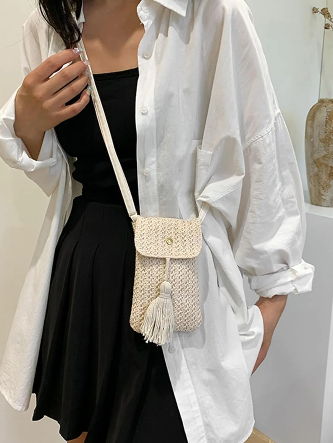 Women's Straw Crossbody Bag Woven Tassel Boho Clutch Purses Handbag Bucket Bags