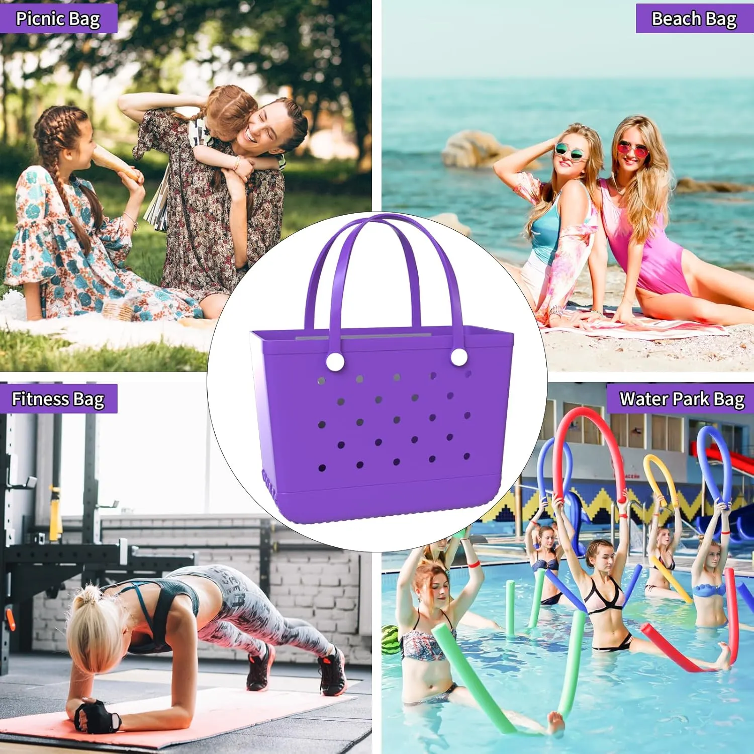 X-Large Rubber Beach Bag Tote Bag with Waterproof Zipper Inner Bag, Washable Durable Tote Bag Storage bags