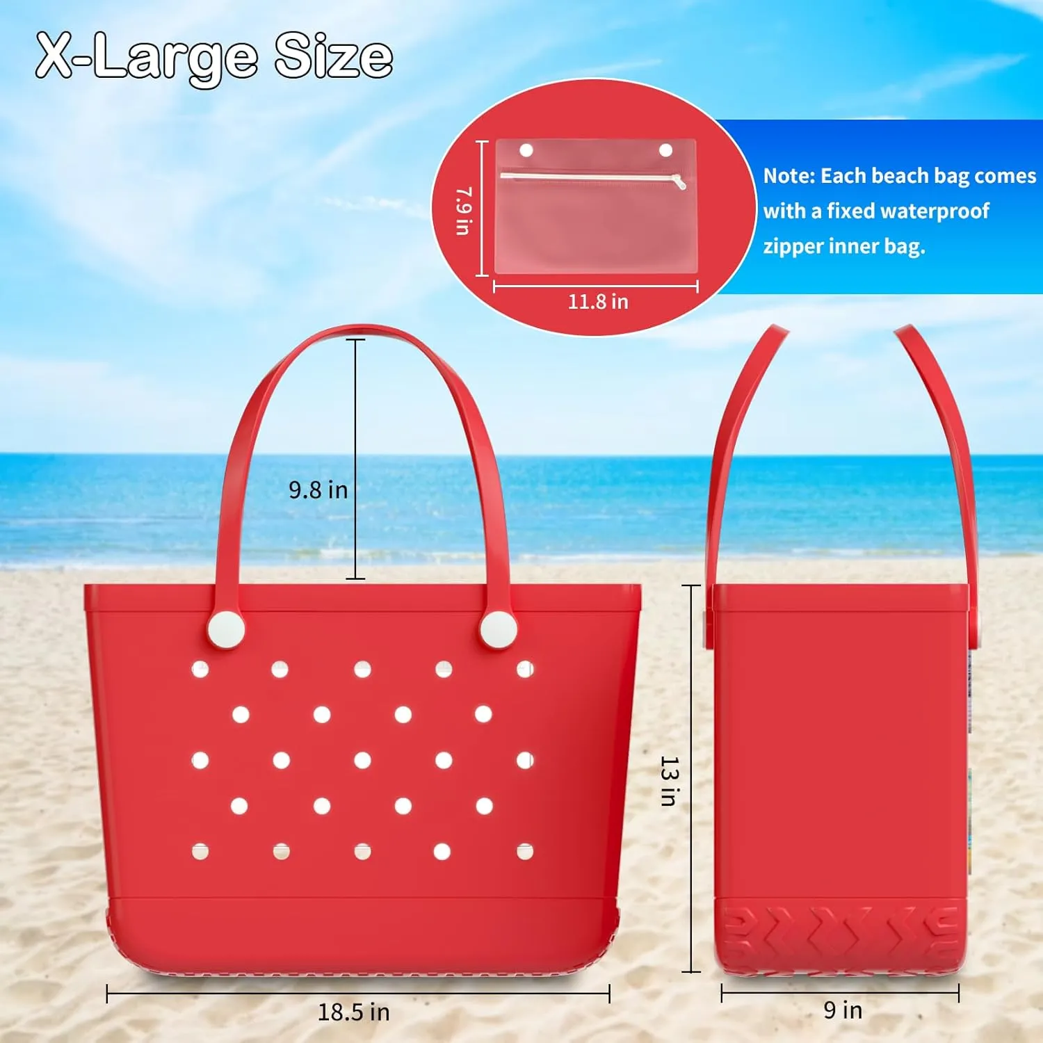 X-Large Rubber Beach Bag Tote Bag with Waterproof Zipper Inner Bag, Washable Durable Tote Bag Storage bags