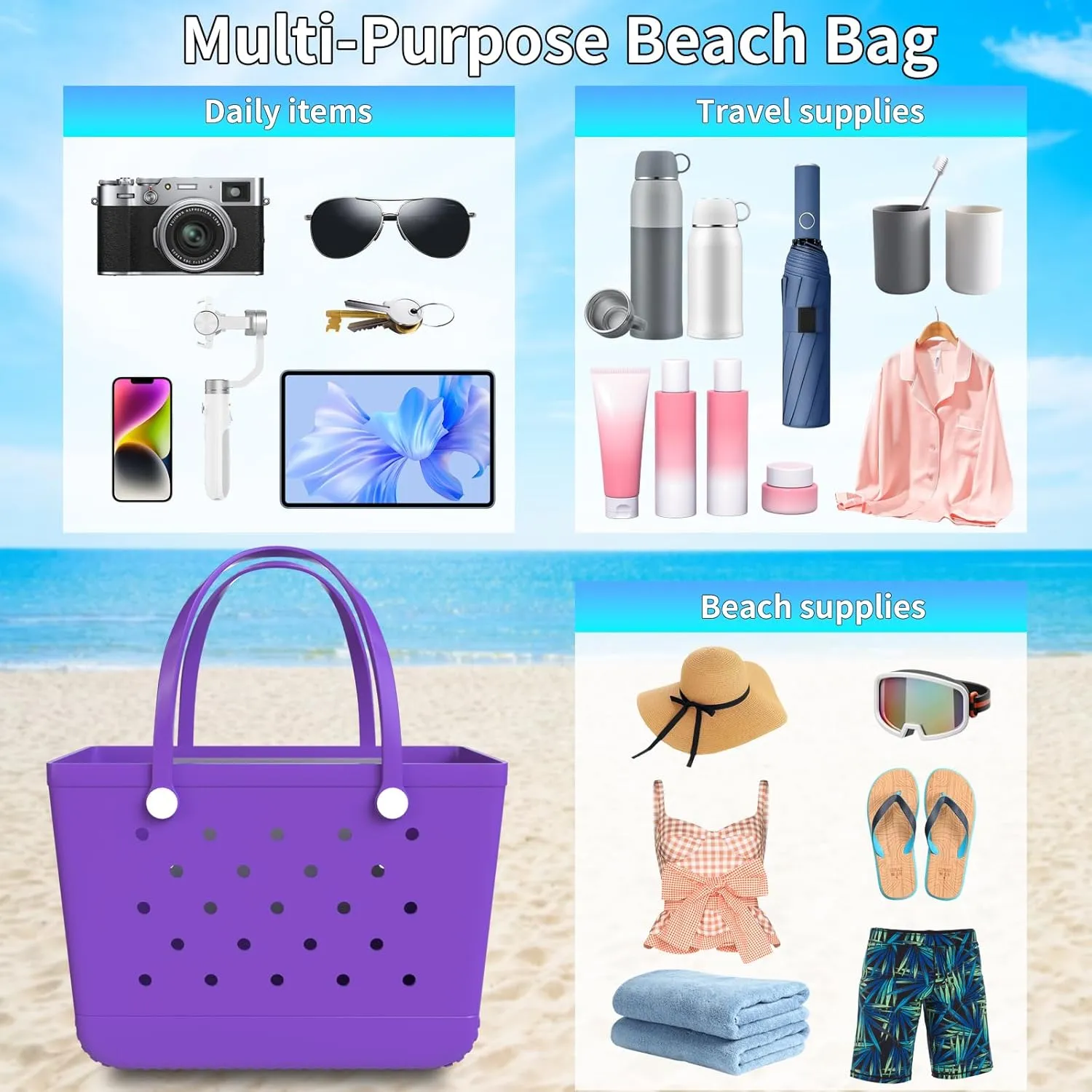 X-Large Rubber Beach Bag Tote Bag with Waterproof Zipper Inner Bag, Washable Durable Tote Bag Storage bags