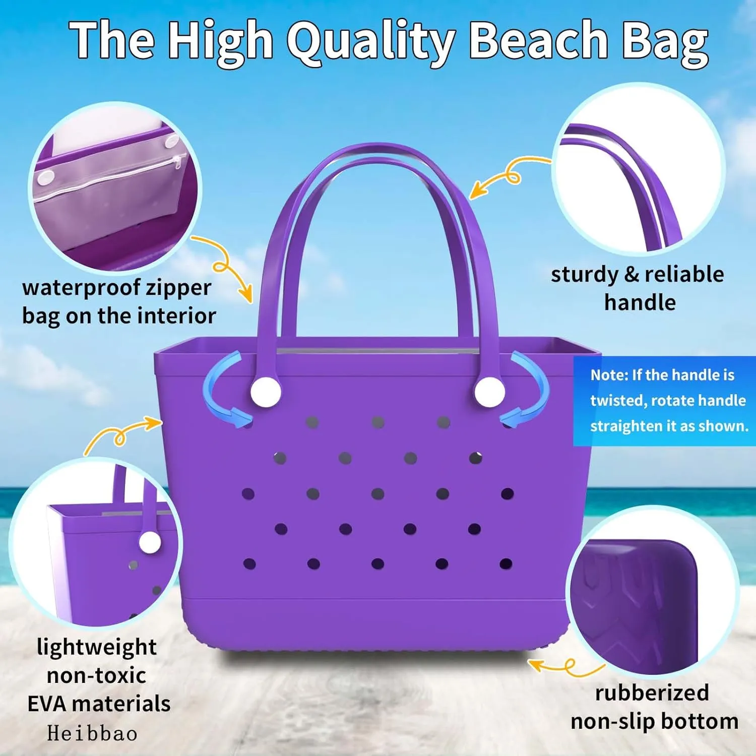 X-Large Rubber Beach Bag Tote Bag with Waterproof Zipper Inner Bag, Washable Durable Tote Bag Storage bags
