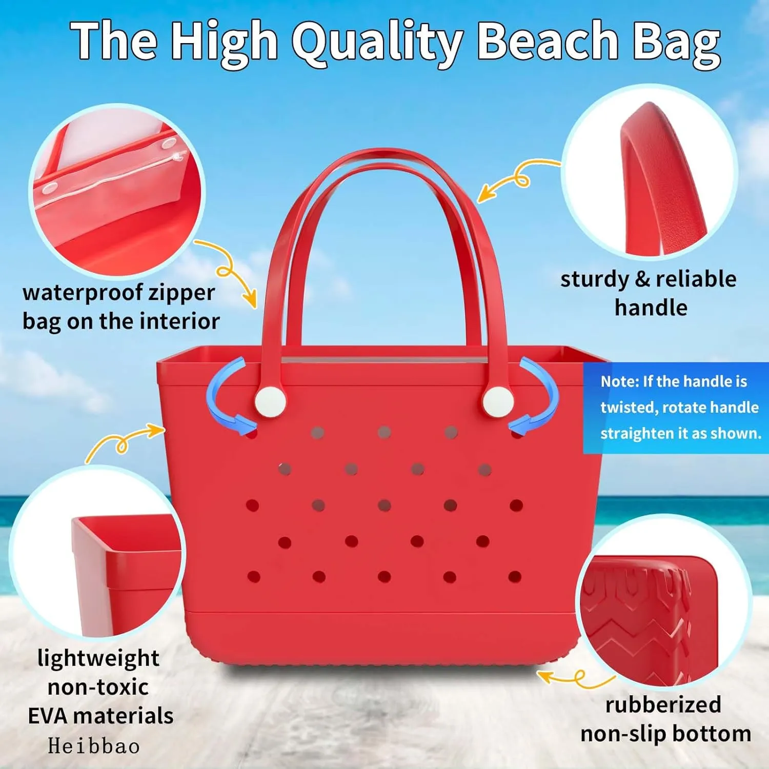X-Large Rubber Beach Bag Tote Bag with Waterproof Zipper Inner Bag, Washable Durable Tote Bag Storage bags