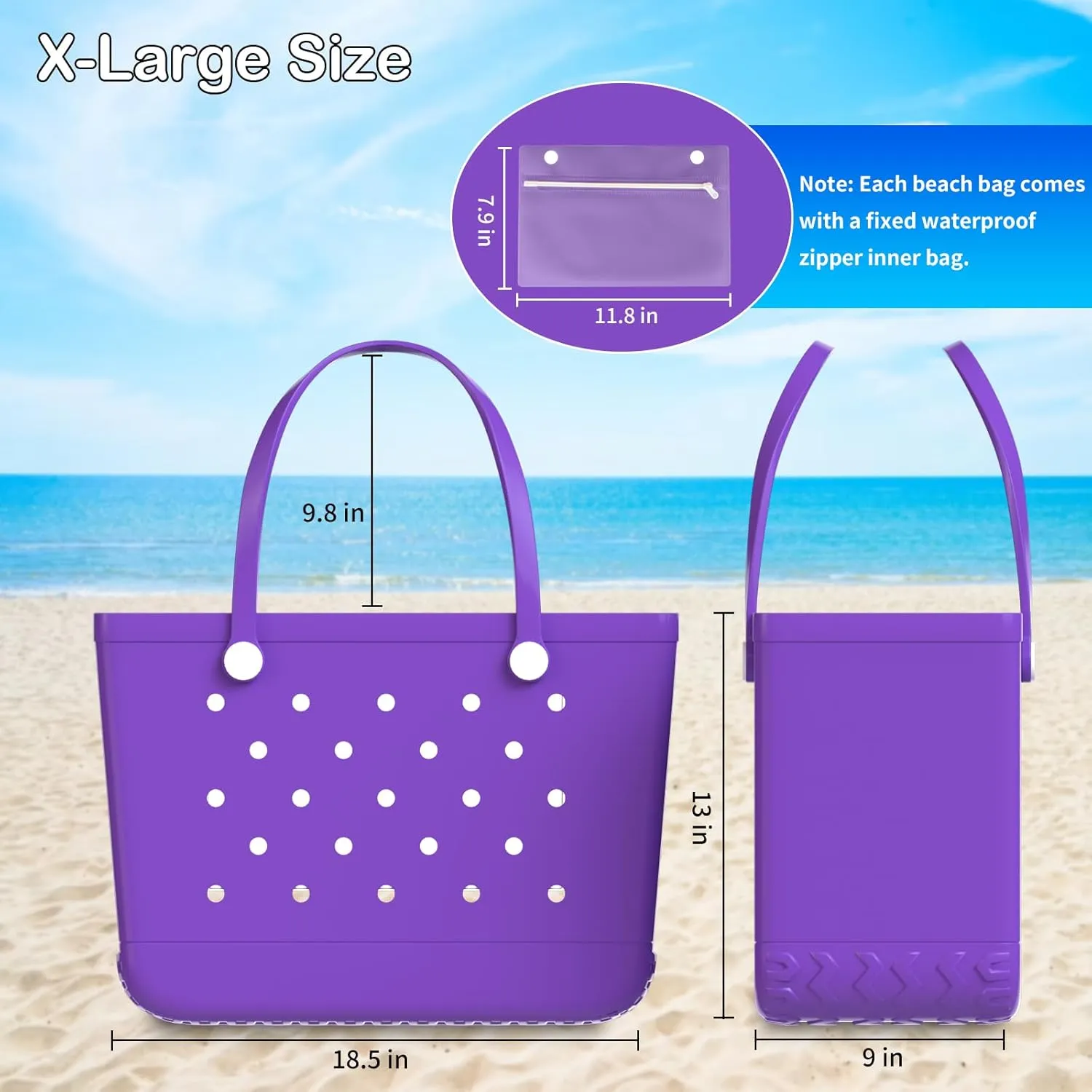 X-Large Rubber Beach Bag Tote Bag with Waterproof Zipper Inner Bag, Washable Durable Tote Bag Storage bags