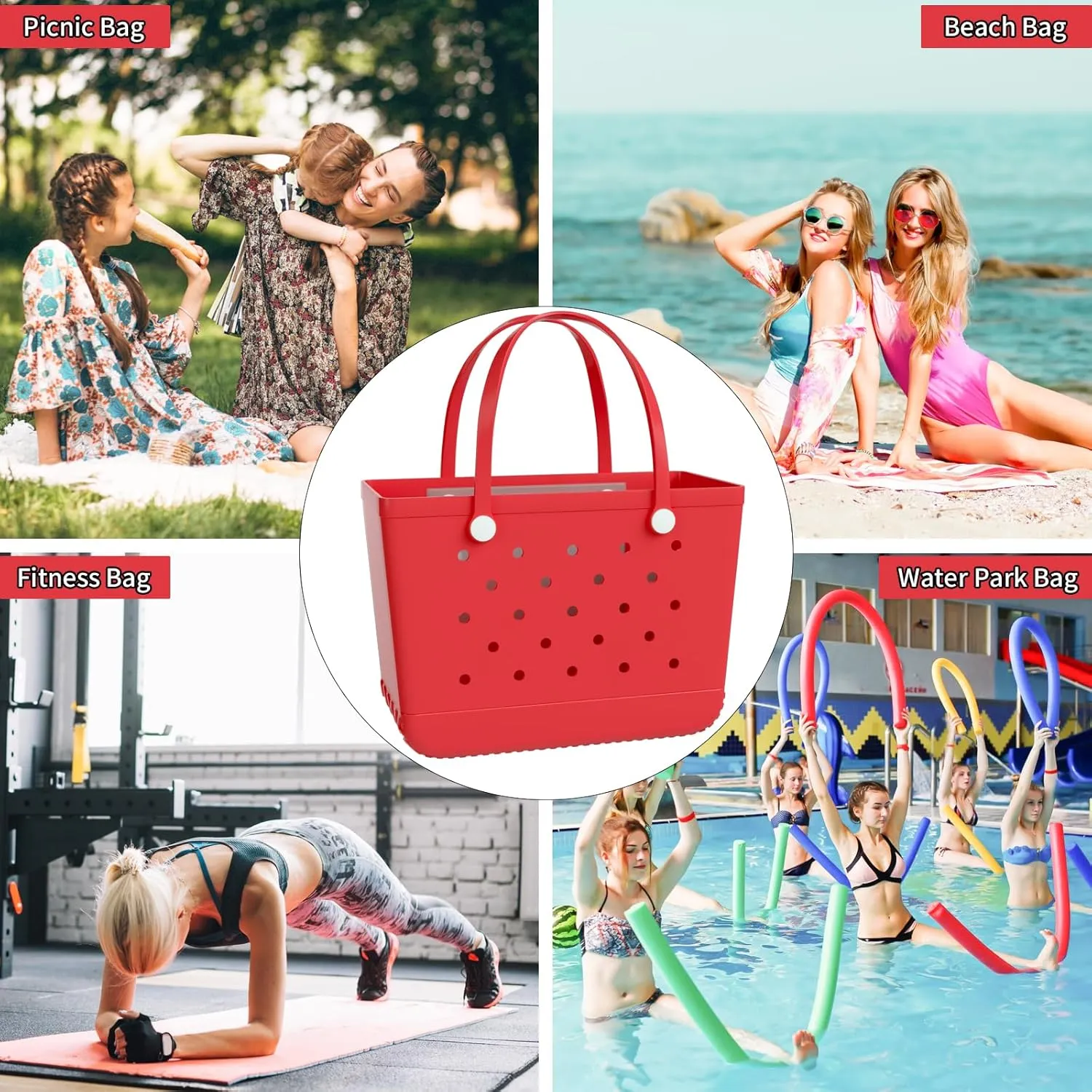 X-Large Rubber Beach Bag Tote Bag with Waterproof Zipper Inner Bag, Washable Durable Tote Bag Storage bags