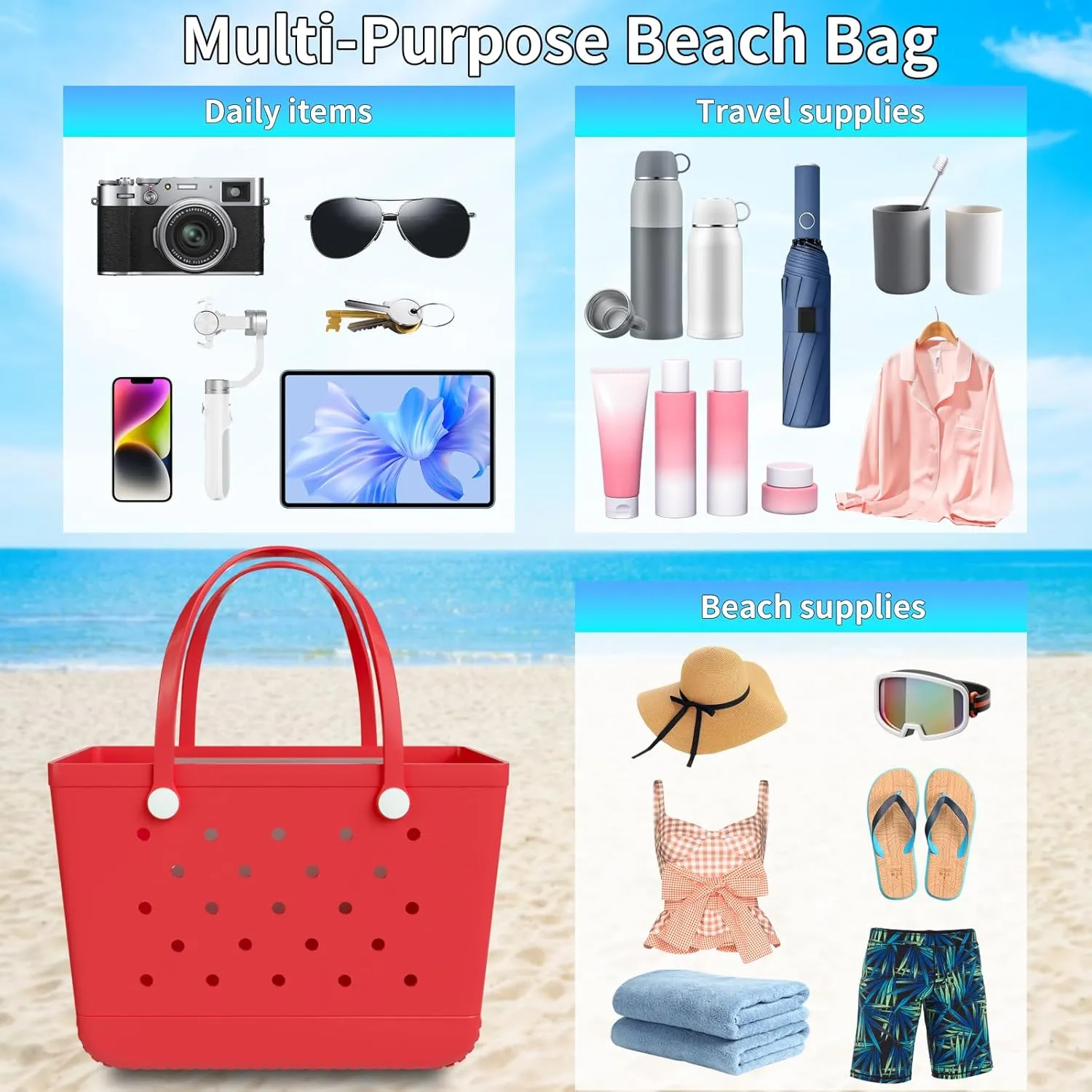 X-Large Rubber Beach Bag Tote Bag with Waterproof Zipper Inner Bag, Washable Durable Tote Bag Storage bags